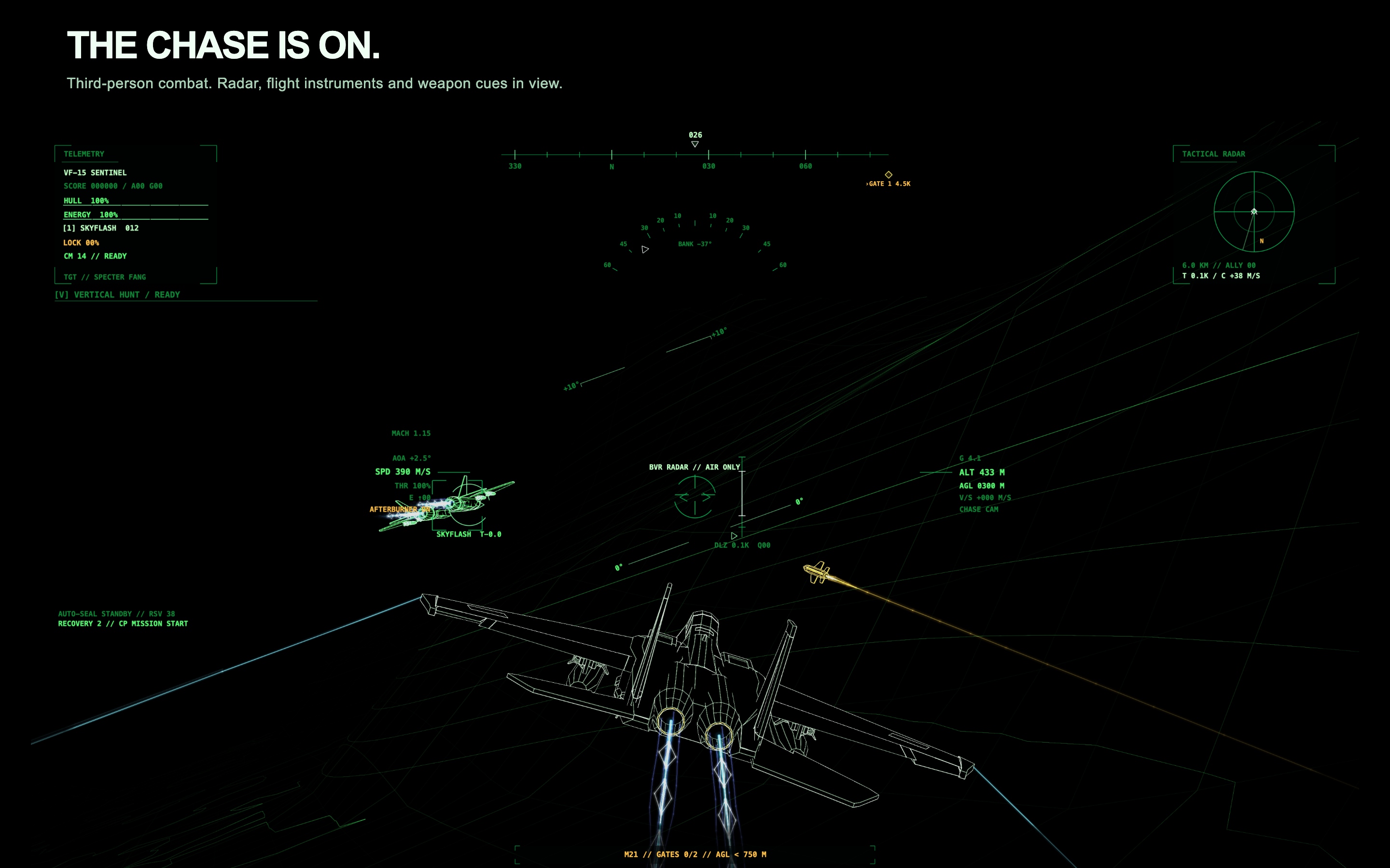 Third-person combat with radar, flight instruments and weapon HUD